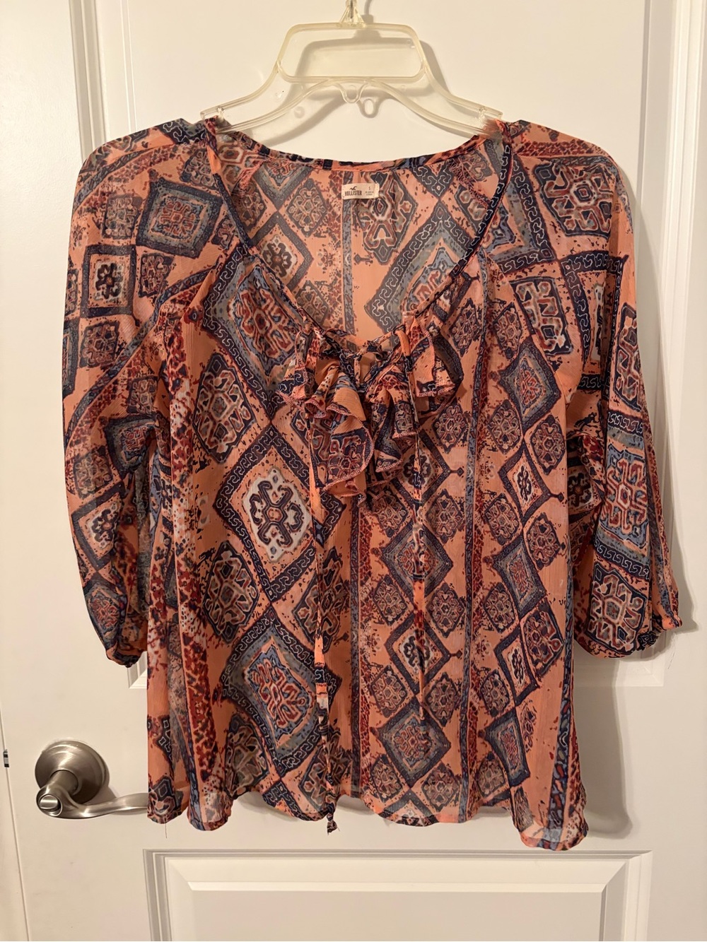 Hollister Peach and Navy Printed Ruffle-Tie Blouse